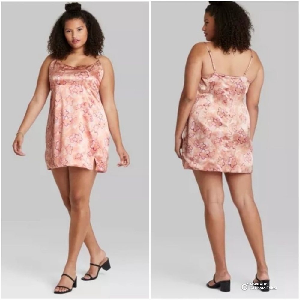 Wild Fable Size XL Pink Abstract Floral Satin Mini Dress NWT